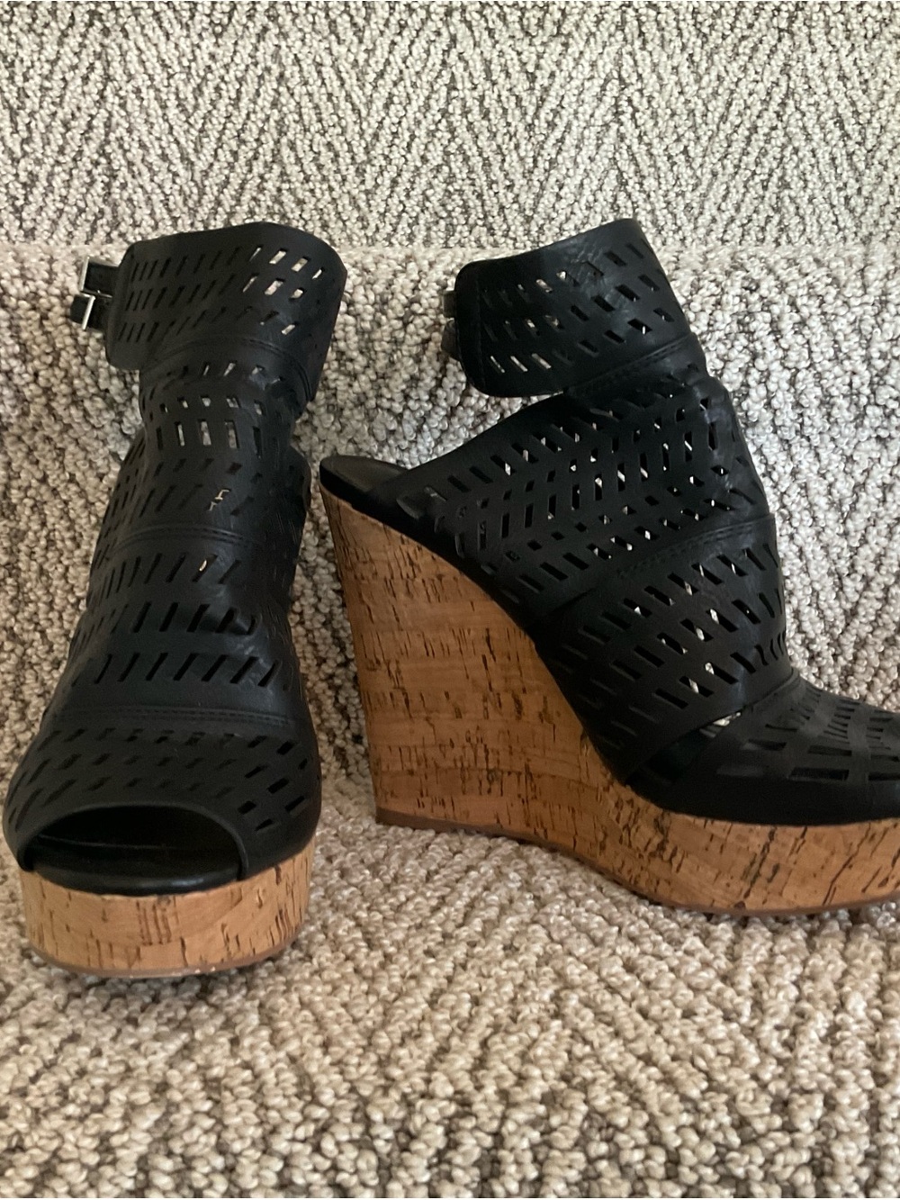 Charles By Charles David Black Perforated Leather Cork Wedge Sandals